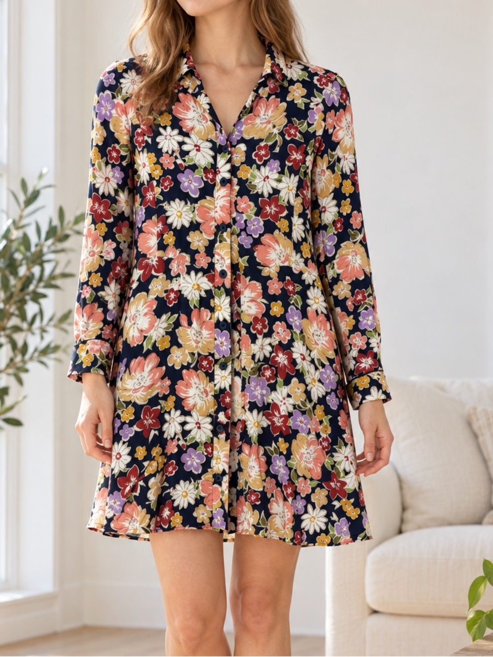 Zara Black Floral Long Sleeve Button Down Mini Dress size XS